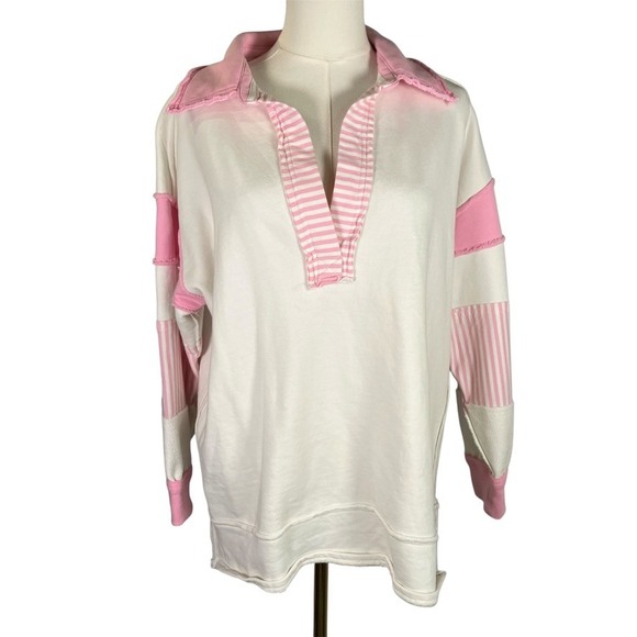 Lovely Melody Women's Sweatshirt Small White Pink Patchwork Long Sleeve Top - Picture 1 of 16